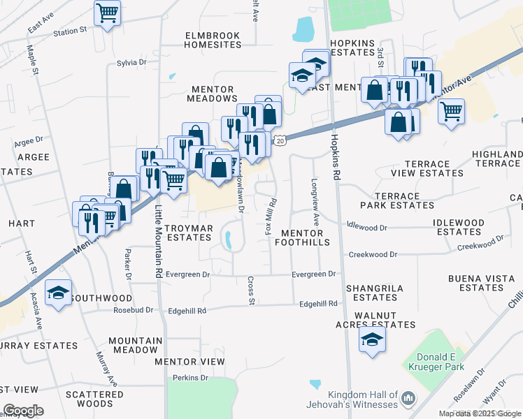 map of restaurants, bars, coffee shops, grocery stores, and more near 7311 Trotter Lane in Mentor