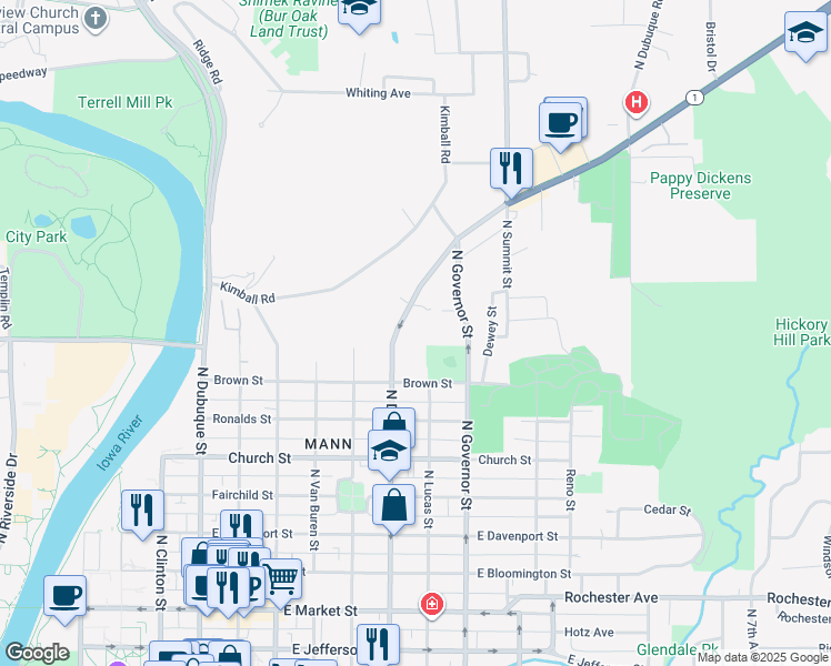 map of restaurants, bars, coffee shops, grocery stores, and more near 906 North Dodge Street in Iowa City