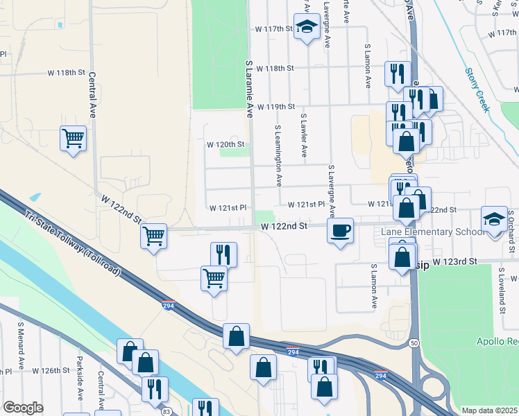 map of restaurants, bars, coffee shops, grocery stores, and more near 12125 South Laramie Avenue in Alsip