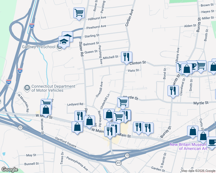 map of restaurants, bars, coffee shops, grocery stores, and more near 60 Elton Street in New Britain