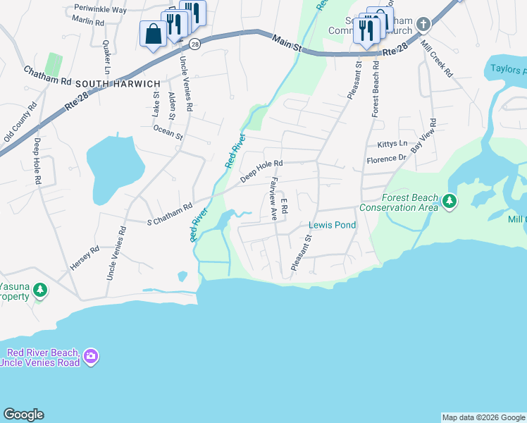 map of restaurants, bars, coffee shops, grocery stores, and more near 20 Lady Slipper Lane in Chatham