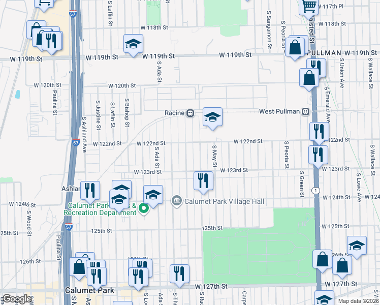 map of restaurants, bars, coffee shops, grocery stores, and more near 12223 South Elizabeth Street in Chicago