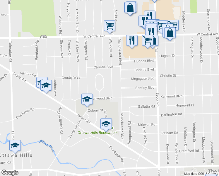 map of restaurants, bars, coffee shops, grocery stores, and more near 2637 Wicklow Road in Toledo