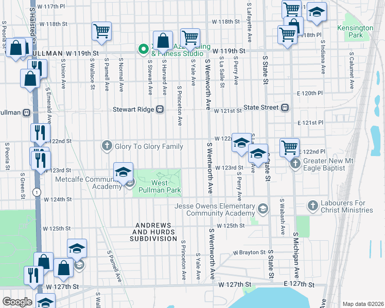 map of restaurants, bars, coffee shops, grocery stores, and more near 12230 South Yale Avenue in Chicago