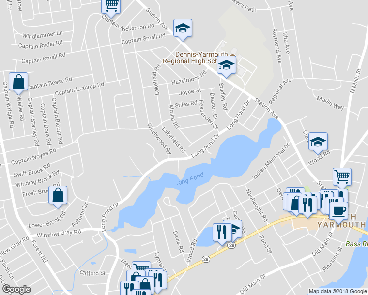 map of restaurants, bars, coffee shops, grocery stores, and more near 12 Lakefield Road in Yarmouth