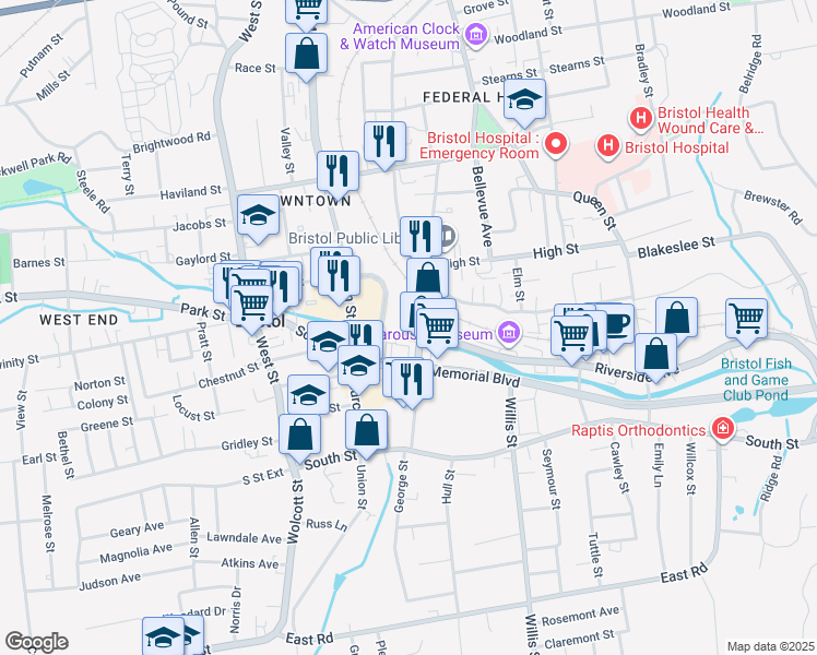 map of restaurants, bars, coffee shops, grocery stores, and more near 15 Riverside Avenue in Bristol