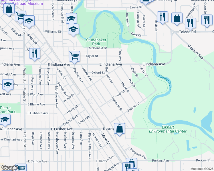 map of restaurants, bars, coffee shops, grocery stores, and more near 1630 Elizabeth Street in Elkhart