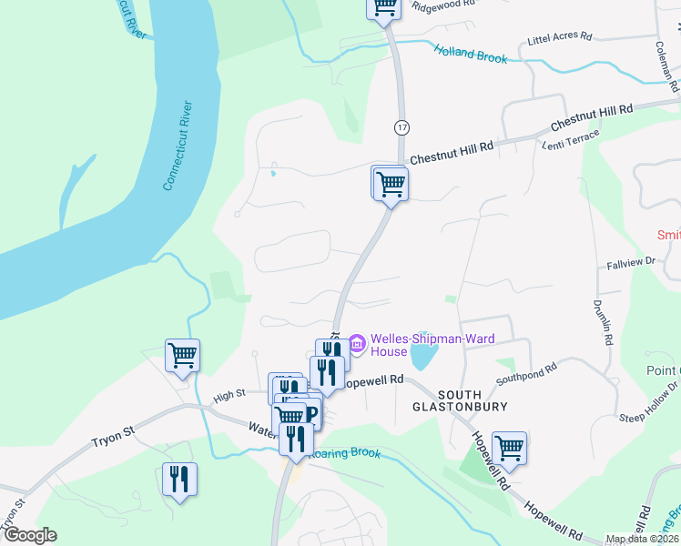 map of restaurants, bars, coffee shops, grocery stores, and more near 16 Southgate Drive in Glastonbury
