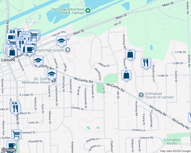 map of restaurants, bars, coffee shops, grocery stores, and more near 4 Lindsay Court in Lemont