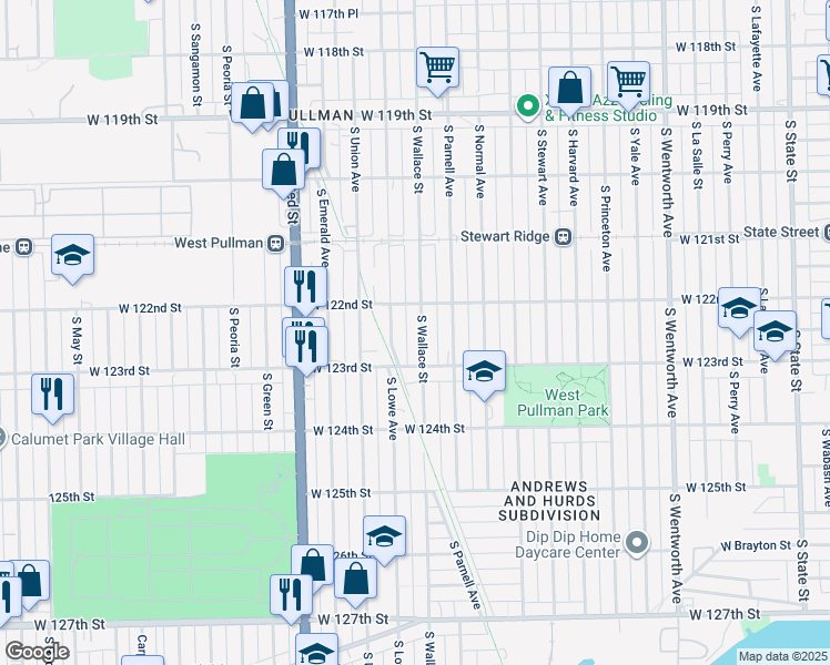 map of restaurants, bars, coffee shops, grocery stores, and more near 12226 South Wallace Street in Chicago