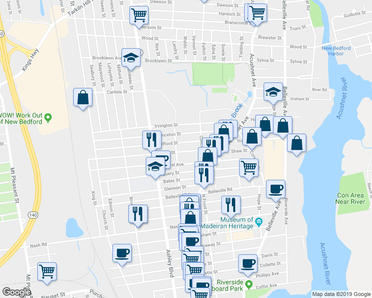 map of restaurants, bars, coffee shops, grocery stores, and more near 237 Shaw Street in New Bedford