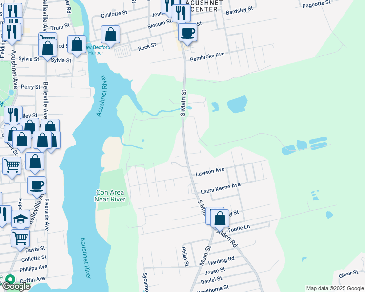 map of restaurants, bars, coffee shops, grocery stores, and more near 63 South Main Street in Acushnet