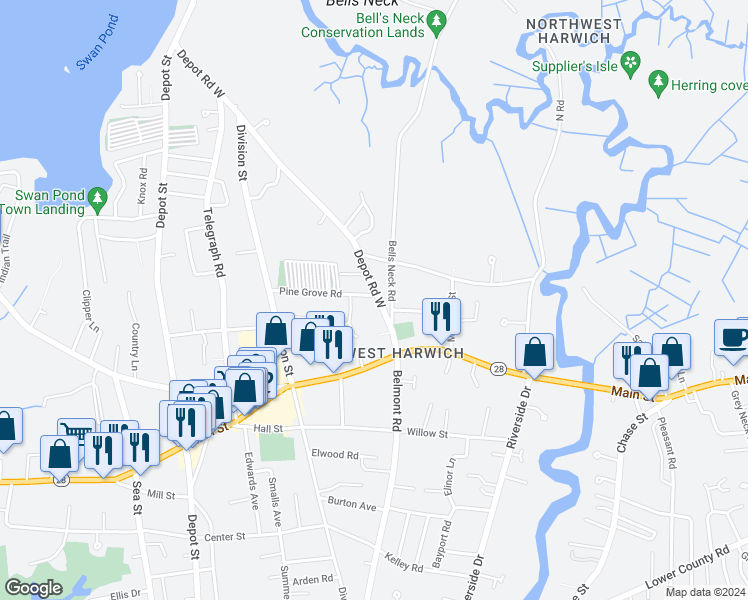 map of restaurants, bars, coffee shops, grocery stores, and more near 77 Pine Grove Road in Harwich