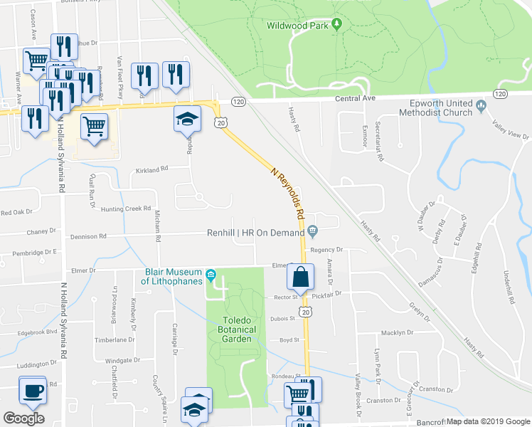 map of restaurants, bars, coffee shops, grocery stores, and more near 2722 Westmar Court in Toledo
