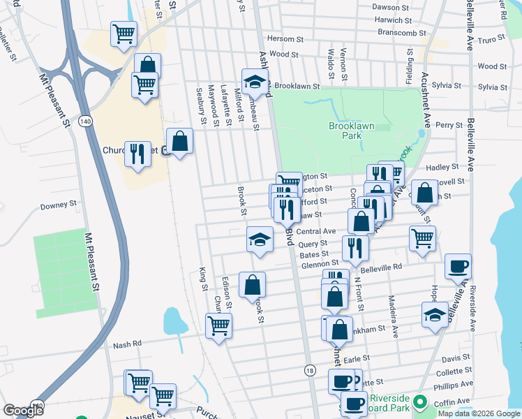 map of restaurants, bars, coffee shops, grocery stores, and more near 222 Clifford Street in New Bedford