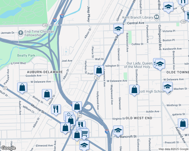 map of restaurants, bars, coffee shops, grocery stores, and more near 943 Post Street in Toledo