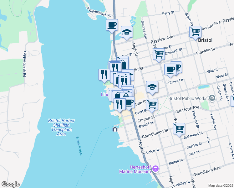map of restaurants, bars, coffee shops, grocery stores, and more near 343 Thames Street in Bristol