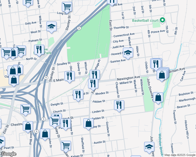 map of restaurants, bars, coffee shops, grocery stores, and more near 685 East Street in New Britain