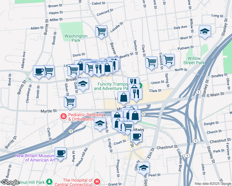 map of restaurants, bars, coffee shops, grocery stores, and more near 150 Washington Street in New Britain