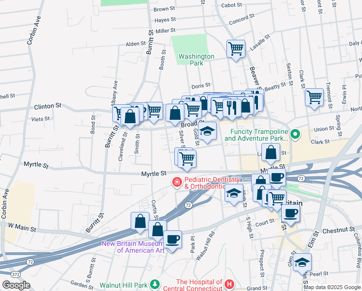 map of restaurants, bars, coffee shops, grocery stores, and more near 89 Orange Street in New Britain