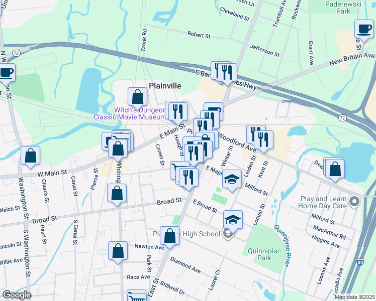map of restaurants, bars, coffee shops, grocery stores, and more near 7 Maple Street in Plainville