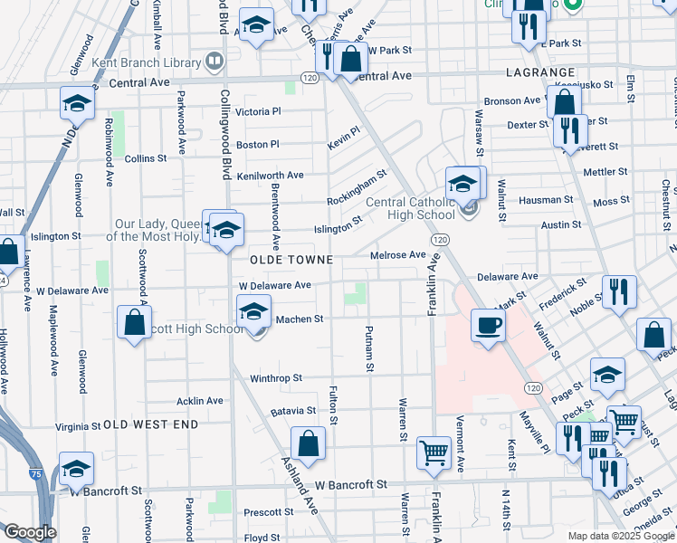map of restaurants, bars, coffee shops, grocery stores, and more near 234 West Delaware Avenue in Toledo