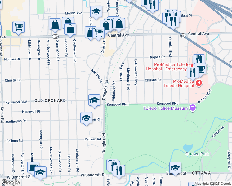 map of restaurants, bars, coffee shops, grocery stores, and more near 2637 Whiteway Road in Toledo