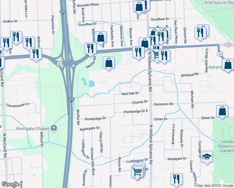 map of restaurants, bars, coffee shops, grocery stores, and more near 6037 Red Oak Drive in Toledo