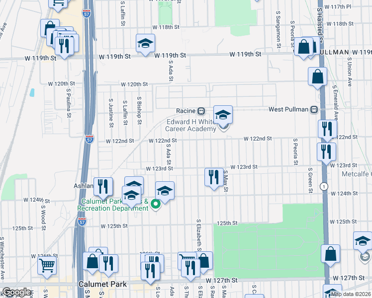 map of restaurants, bars, coffee shops, grocery stores, and more near 12219 South Throop Street in Chicago