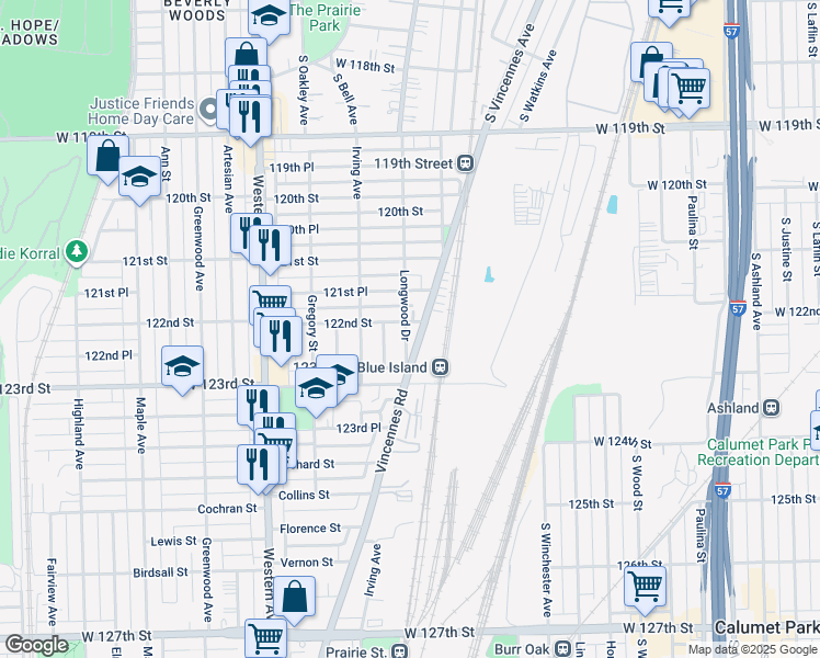 map of restaurants, bars, coffee shops, grocery stores, and more near 12201 Longwood Drive in Blue Island