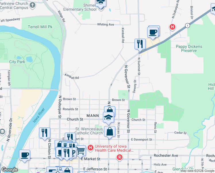 map of restaurants, bars, coffee shops, grocery stores, and more near 903 North Dodge Street in Iowa City