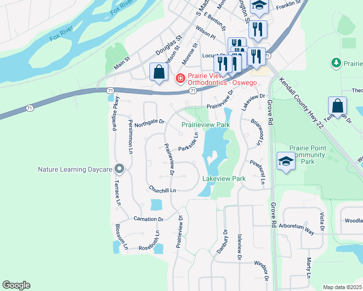 map of restaurants, bars, coffee shops, grocery stores, and more near 207 Parkside Lane in Oswego