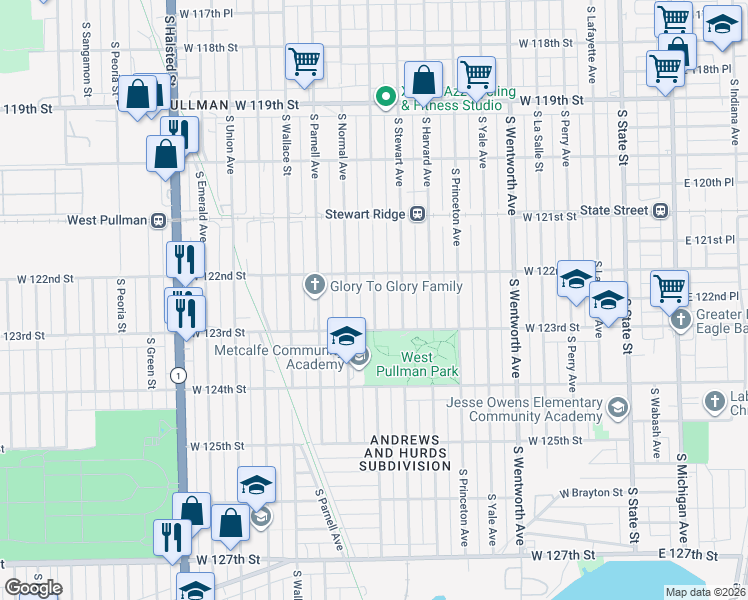 map of restaurants, bars, coffee shops, grocery stores, and more near 12227 South Eggleston Avenue in Chicago