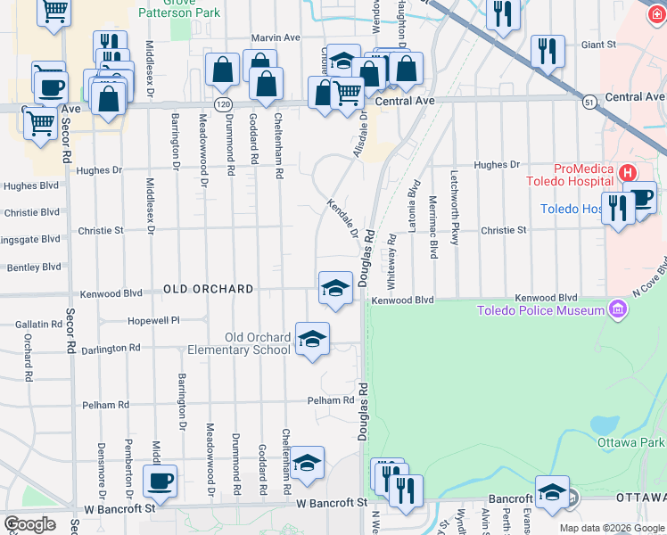 map of restaurants, bars, coffee shops, grocery stores, and more near 2704 Kenwood Boulevard in Toledo