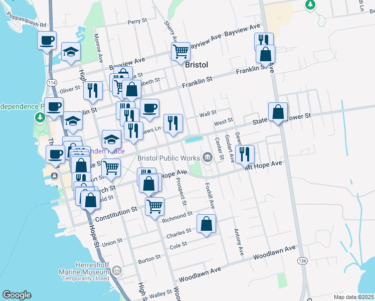 map of restaurants, bars, coffee shops, grocery stores, and more near 12 3rd Street in Bristol
