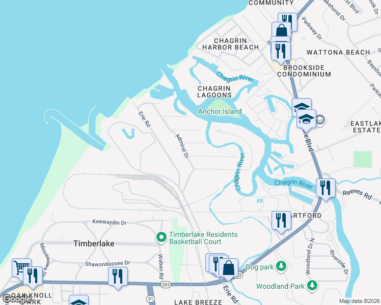 map of restaurants, bars, coffee shops, grocery stores, and more near 35427 King Drive in Eastlake