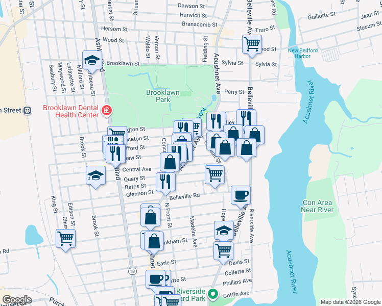 map of restaurants, bars, coffee shops, grocery stores, and more near 1851 Acushnet Avenue in New Bedford