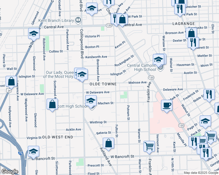 map of restaurants, bars, coffee shops, grocery stores, and more near 2517 Fulton Street in Toledo