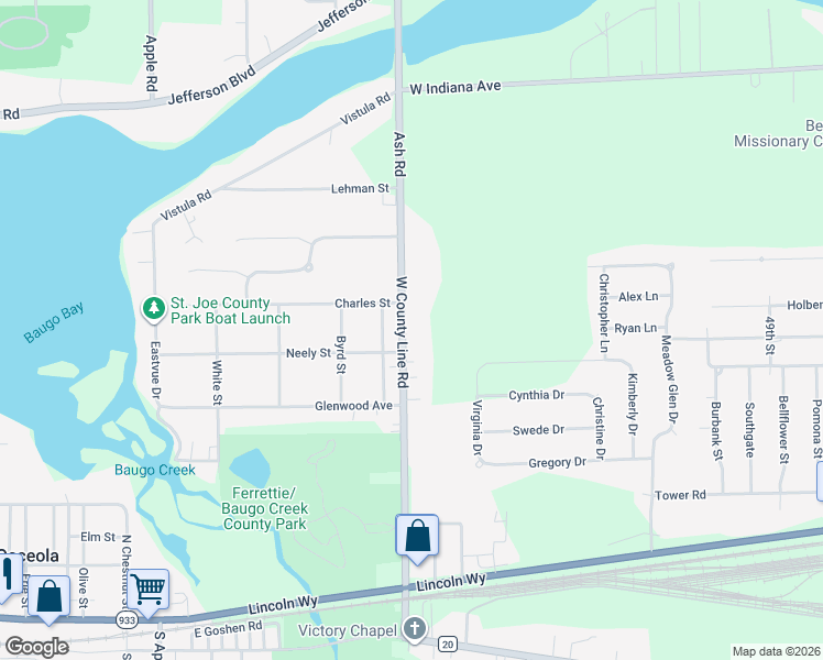 map of restaurants, bars, coffee shops, grocery stores, and more near 56680 Ash Road in Osceola