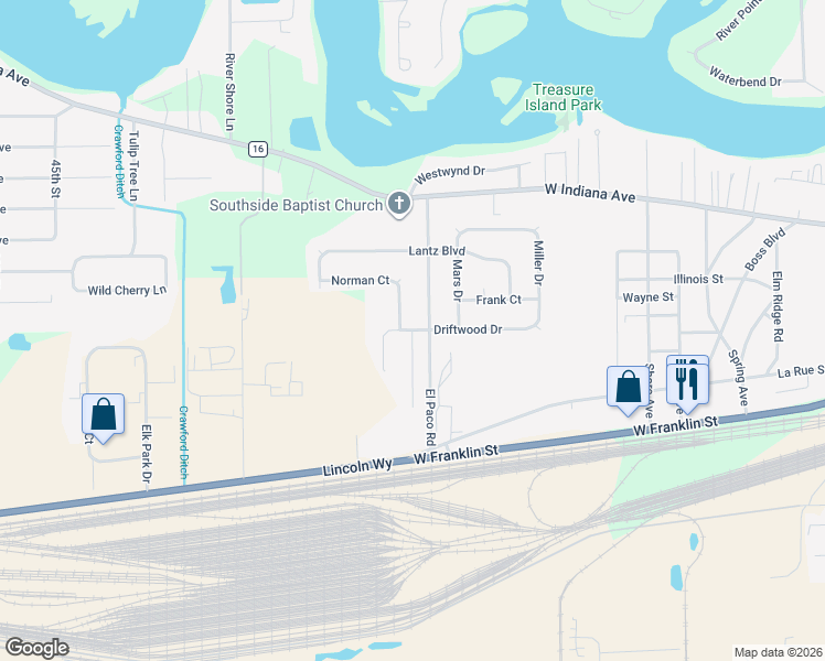 map of restaurants, bars, coffee shops, grocery stores, and more near 56701 Spruce Lane in Elkhart