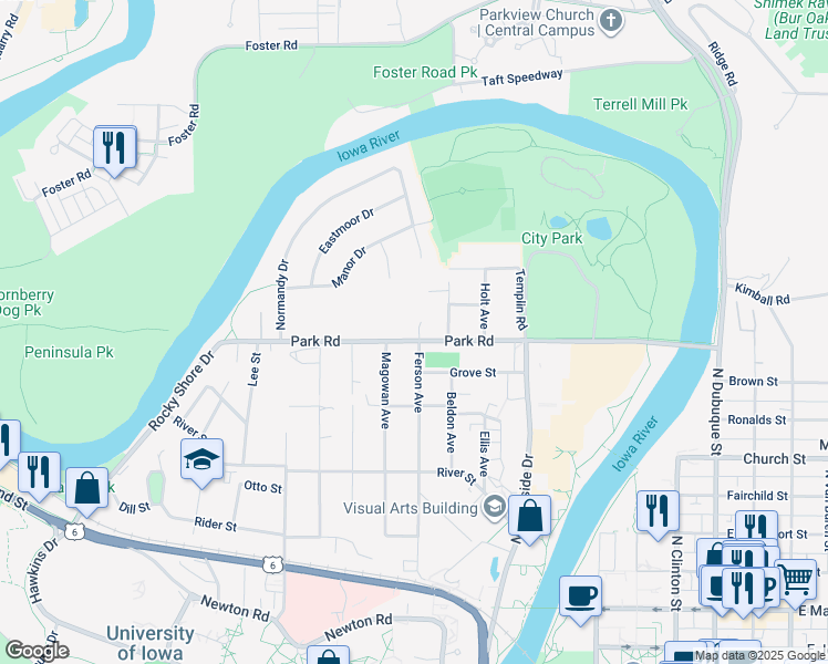 map of restaurants, bars, coffee shops, grocery stores, and more near 404 Park Road in Iowa City