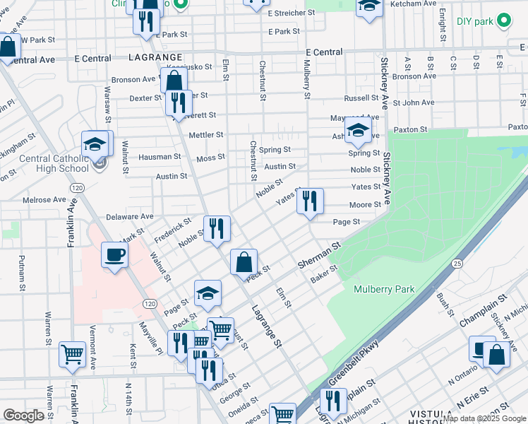 map of restaurants, bars, coffee shops, grocery stores, and more near Chestnut St & Yates St in Toledo
