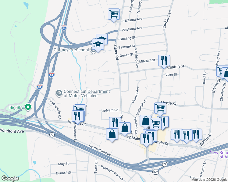 map of restaurants, bars, coffee shops, grocery stores, and more near 22 Beechwood Drive in New Britain