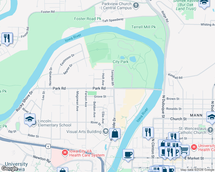 map of restaurants, bars, coffee shops, grocery stores, and more near 516 Holt Ave in Iowa City