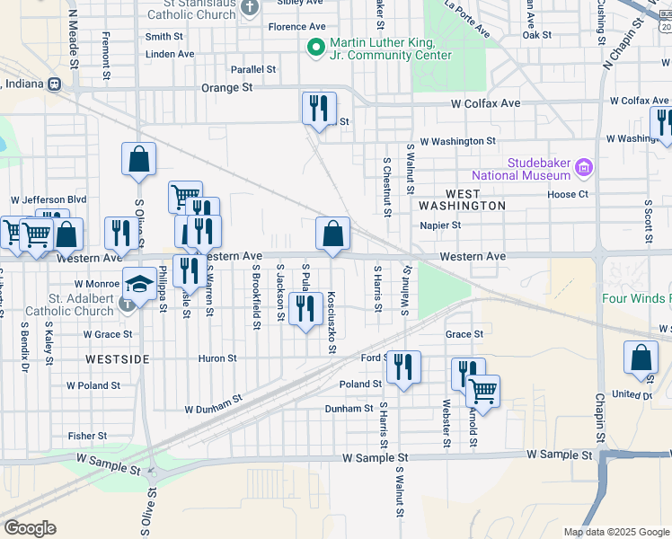 map of restaurants, bars, coffee shops, grocery stores, and more near 428 Kosciuszko Street in South Bend