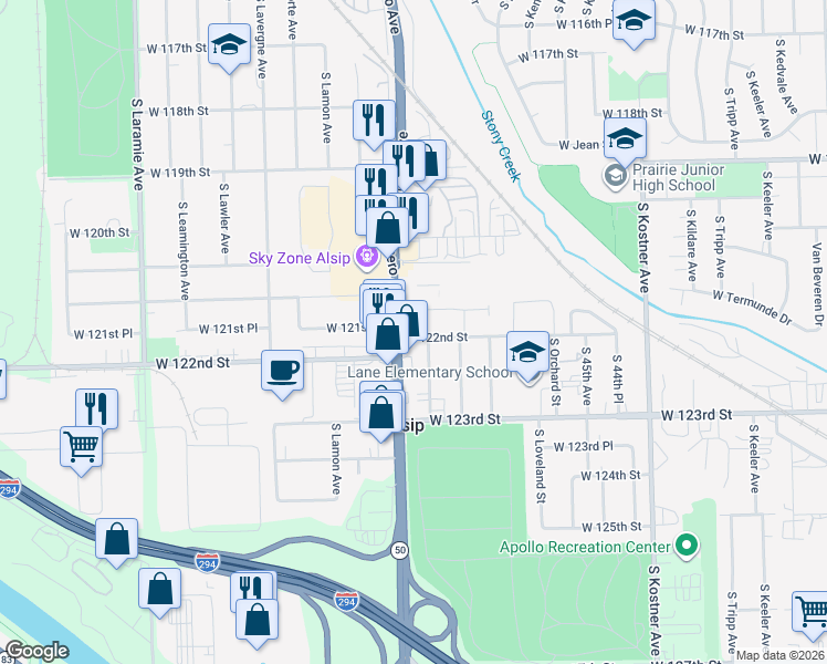 map of restaurants, bars, coffee shops, grocery stores, and more near 12147 South Cicero Avenue in Alsip
