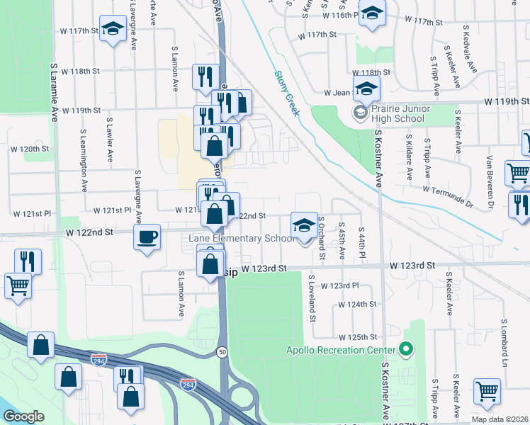 map of restaurants, bars, coffee shops, grocery stores, and more near 12159 South McDaniels Court in Alsip