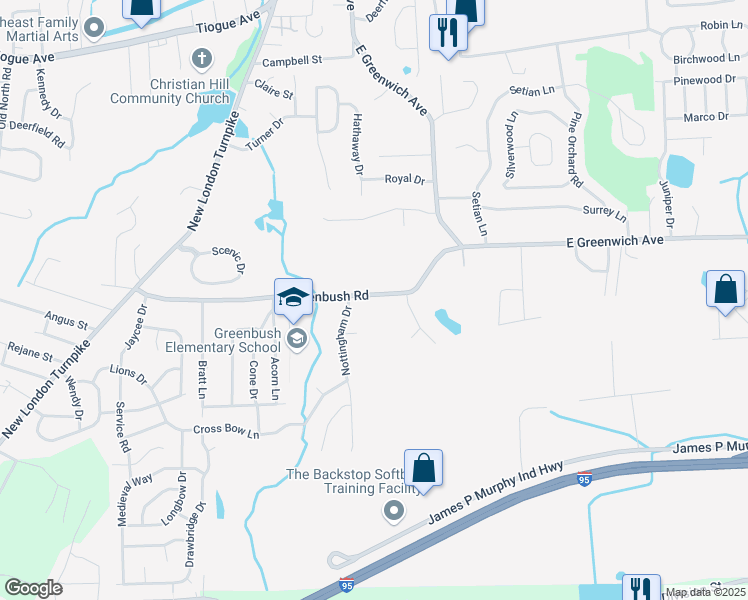 map of restaurants, bars, coffee shops, grocery stores, and more near 175 Greenbush Road in West Warwick
