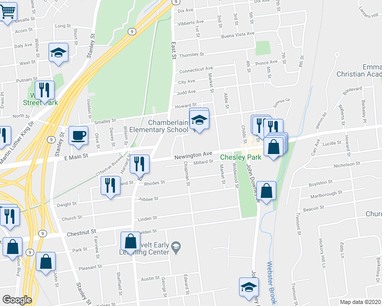 map of restaurants, bars, coffee shops, grocery stores, and more near 98 Newington Avenue in New Britain