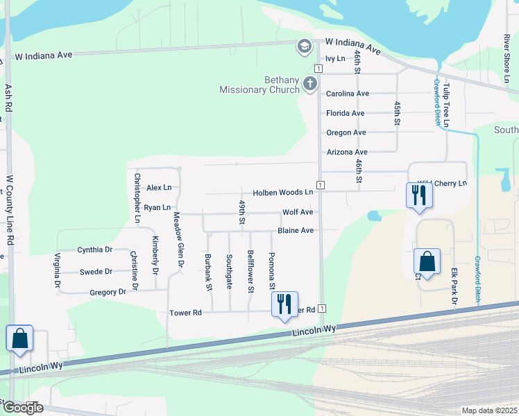 map of restaurants, bars, coffee shops, grocery stores, and more near 30187 Wolf Avenue in Elkhart